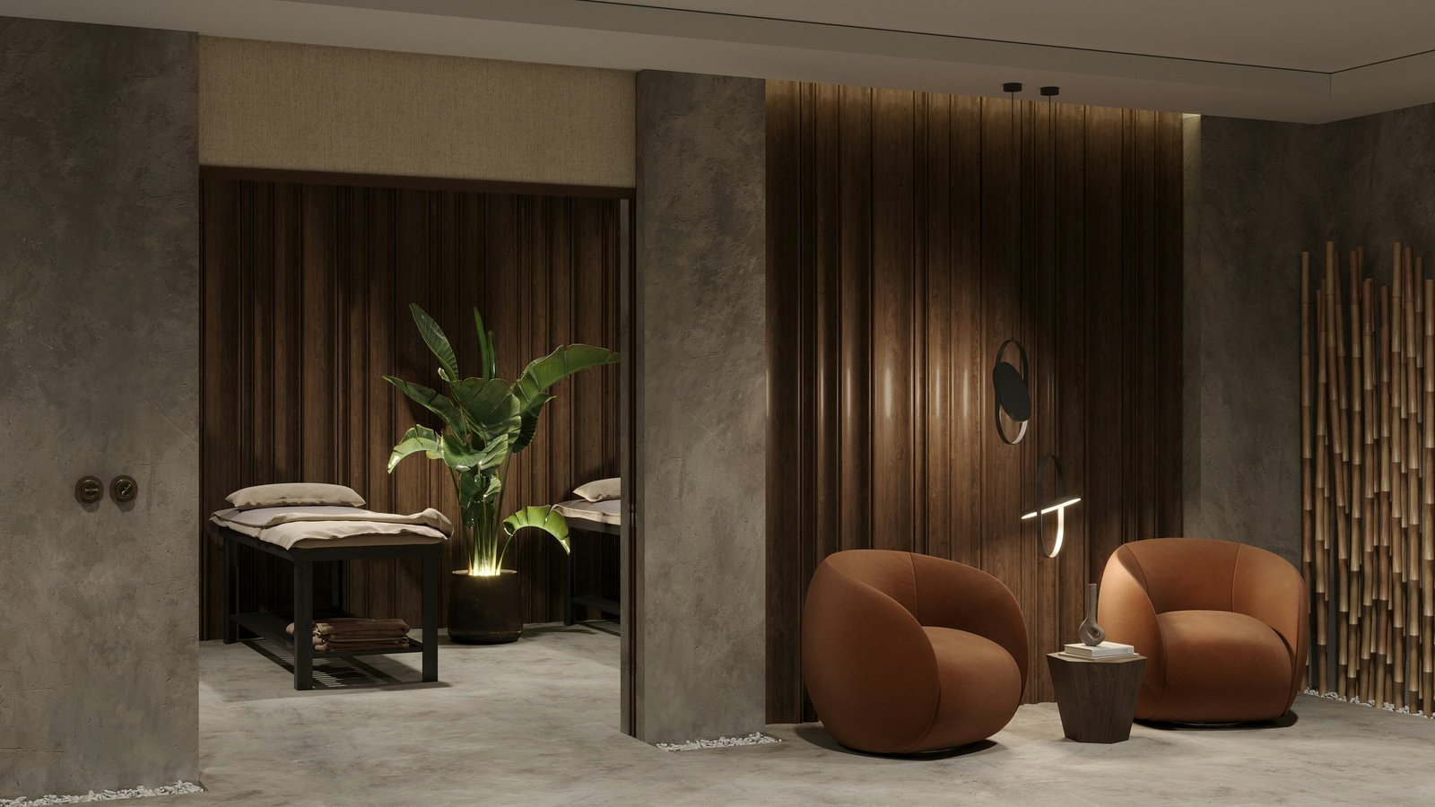 A quiet, warmly lit premium treatment space — stone walls, wood slat paneling, and softly lit lounge seating — representing the client experience inside a premium aesthetic practice.